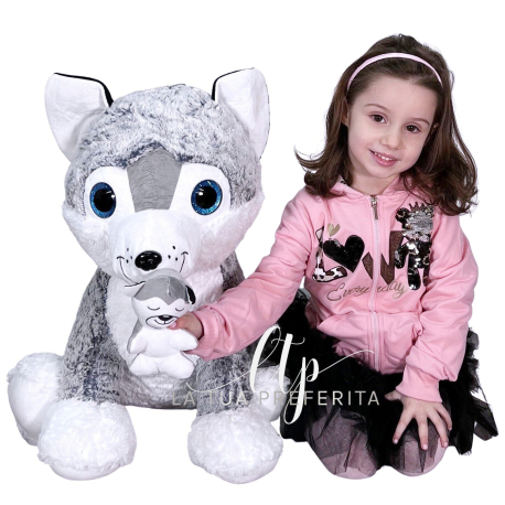 Siberian Husky Cane Peluche 64cm Seduto Grande Soft Plush Size XXL Colore Grigio