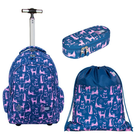 St.Right Cat Night Set School Trolley Backpack, Pencil Case, Girl Girl Bag