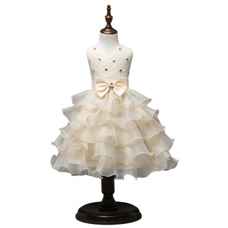 Girls Tiered Dress Cream Princess Tulle Lace Ceremony Party Prom 3-7a