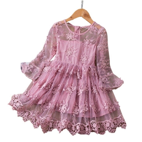 Girls Dress Pink Embroidered Tulle Lace Princess Ceremony Party Prom 3-7