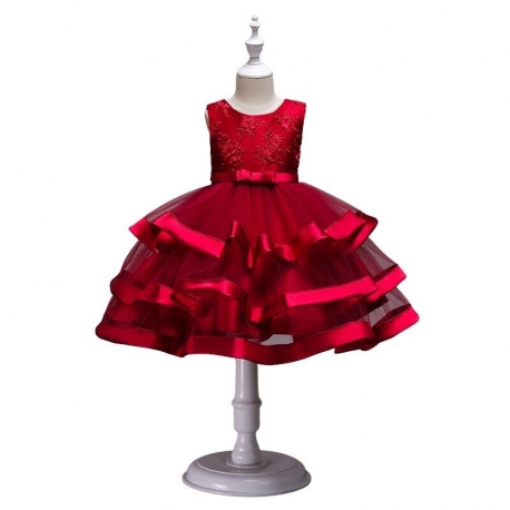 Girl Dress Princess Lace Ceremony Party Dance 4-8years Red V 02