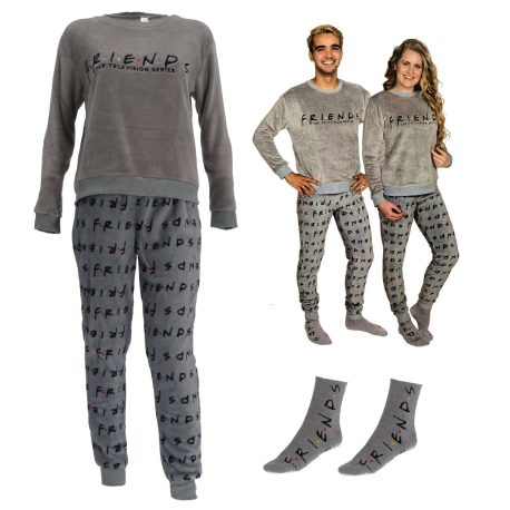 Friends Series Men's Women's Long Pajamas + Socks, Two Pieces Warm Coral Fleece
