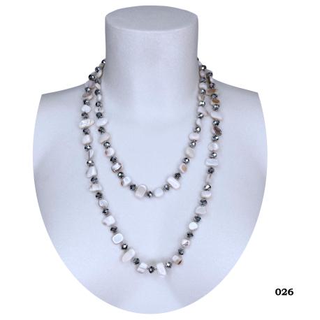 Collana Lunga Madreperla (Bianco - perlina Trasparente ) pietre Dure,perle cristalli da donna