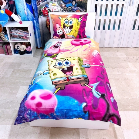 Spongebob 3pezzi Set Letto Singolo Copripiumino Federa Lenzuola con Angoli Cotone Biancheria Da Letto Bambini