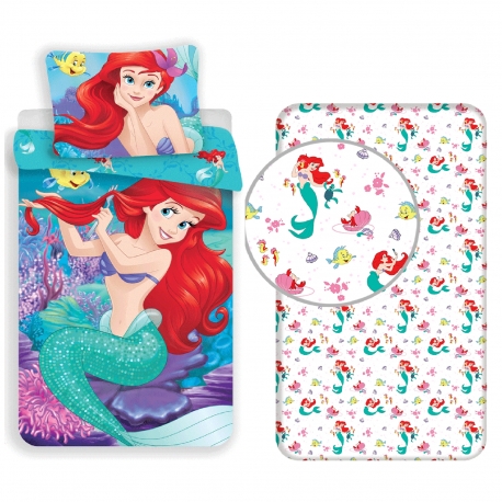 Disney Ariel Sirenetta 3pezzi Set Letto Singolo COPRIPIUMINO + Federa + Lenzuola c/Angoli Cotone Biancheria Da Letto