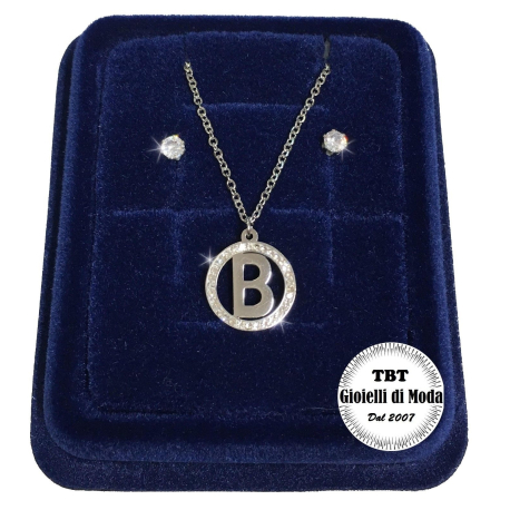 "A" Set Finissima Collana + Orecchini P.luce Lettera Iniziale Acciaio + Scatola