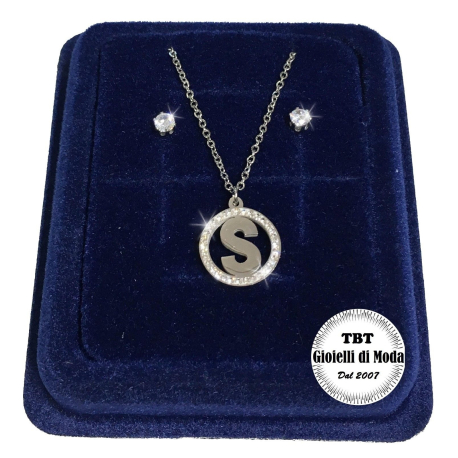 "B" Set Finissima Collana + Orecchini P.luce Lettera Iniziale Acciaio + Scatola