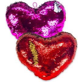 2x Reversible Sequin Cushion Pink + Red Heart 17 cm Valentine's Day Gift