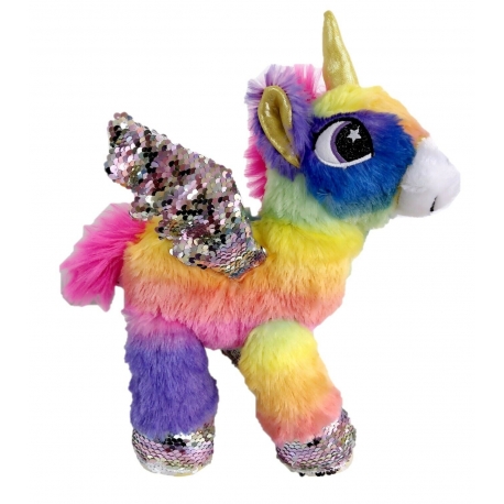 Unicorno 35cm con Ali Peluche Paillettes Lustrini Reversibile Fucsia Girabrilla