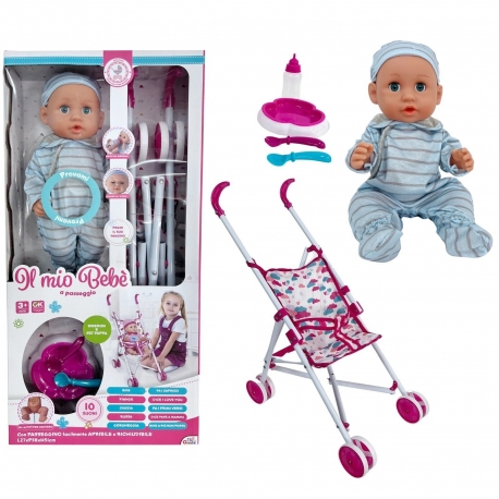 Il Mio Bebè Bambola Neonato 35cm Rosa Con Passeggino e set Pappa